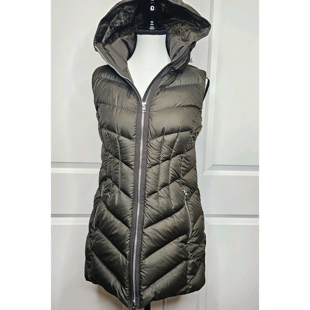 Athleta Downieville Cya Puffer Vest Goose Down Size XS Olive Green Faux Fur Hood